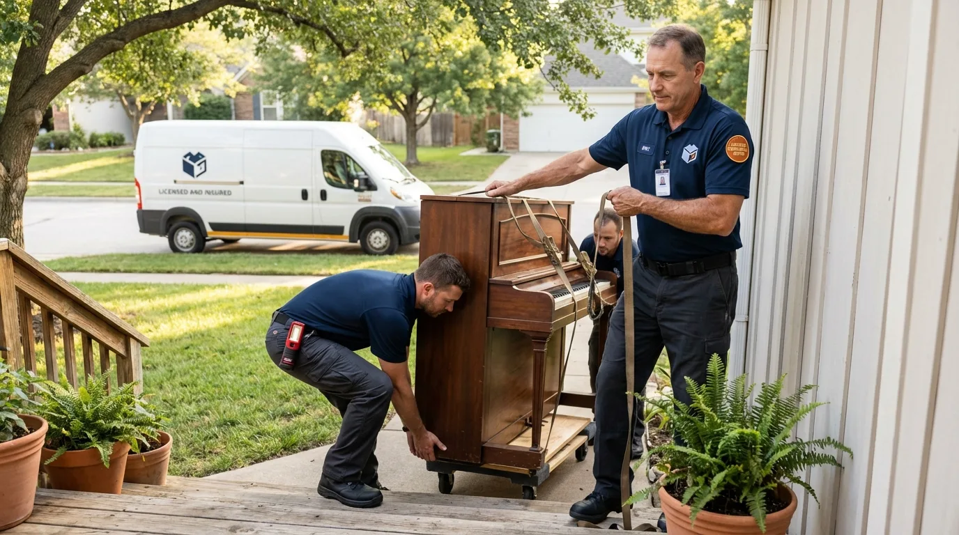 Licensed piano movers securing grand piano in Johnstown, CO