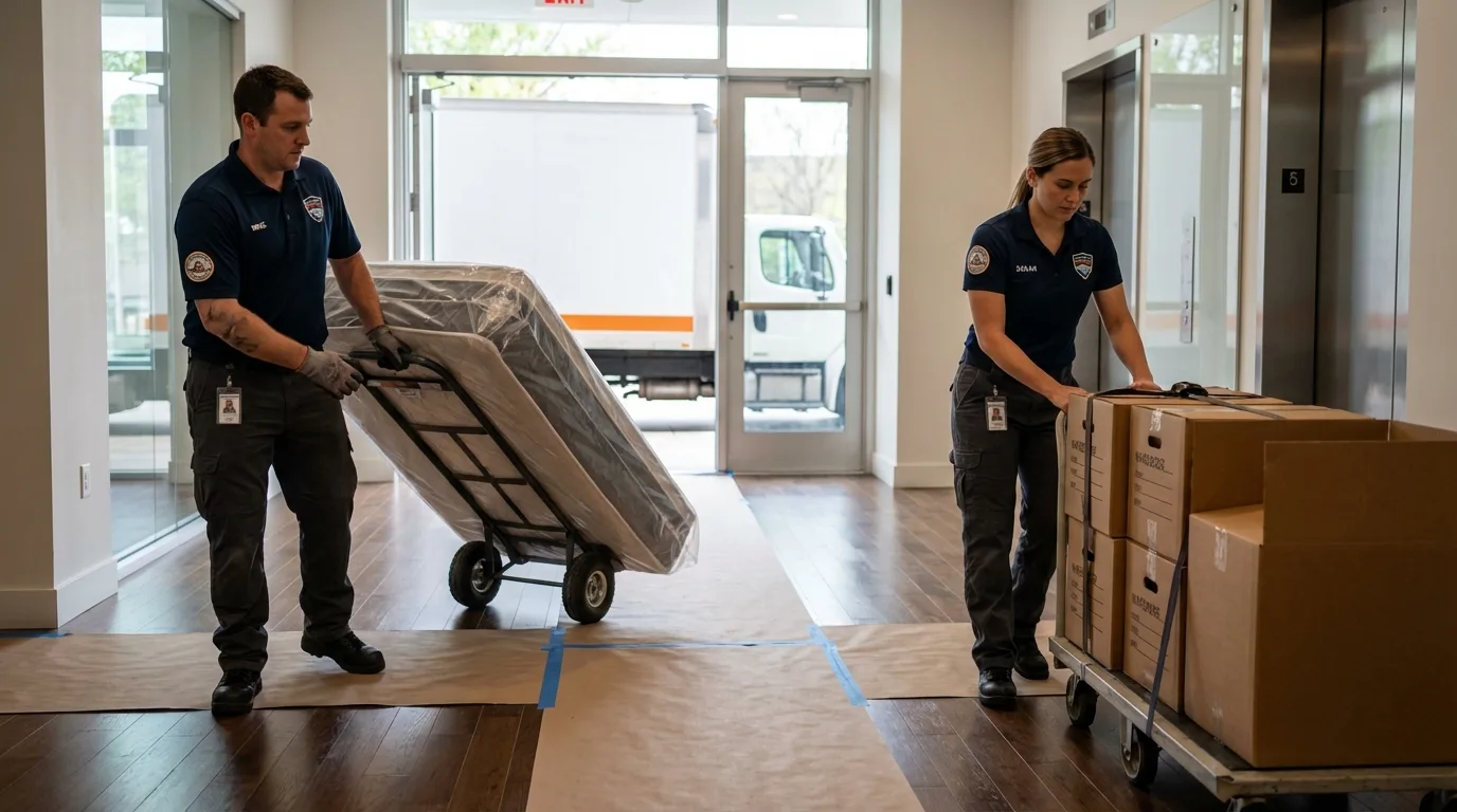 Professional apartment movers loading elevator in Johnstown, CO